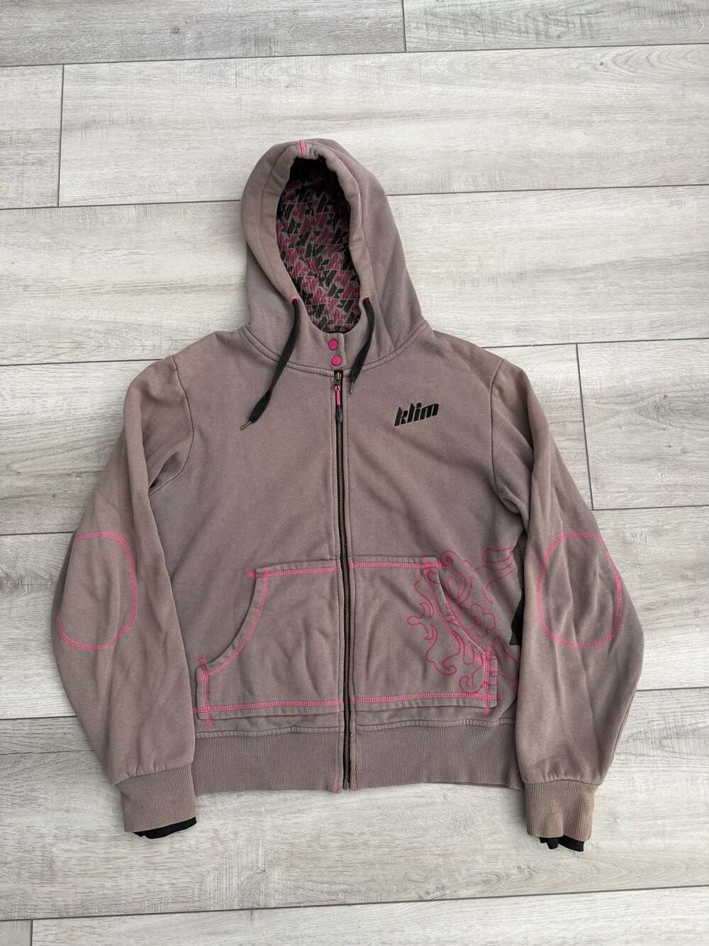 Y2K Style Klim Women's Brown Pink Zip Up Hoodie Sweatshirt Size Medium